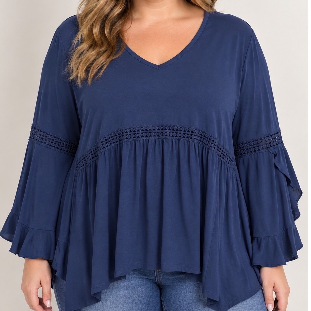 Plus Size 2X Navy Blue Boho Bell Sleeve Peplum Top Crochet Trim Flowy Blouse